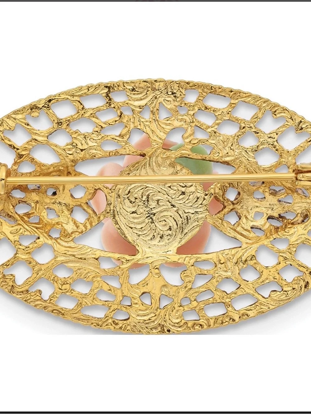 Vintage 1928 Jewelry Gold-Tone Filigree Pink Rose Porcelain Flower Brooch